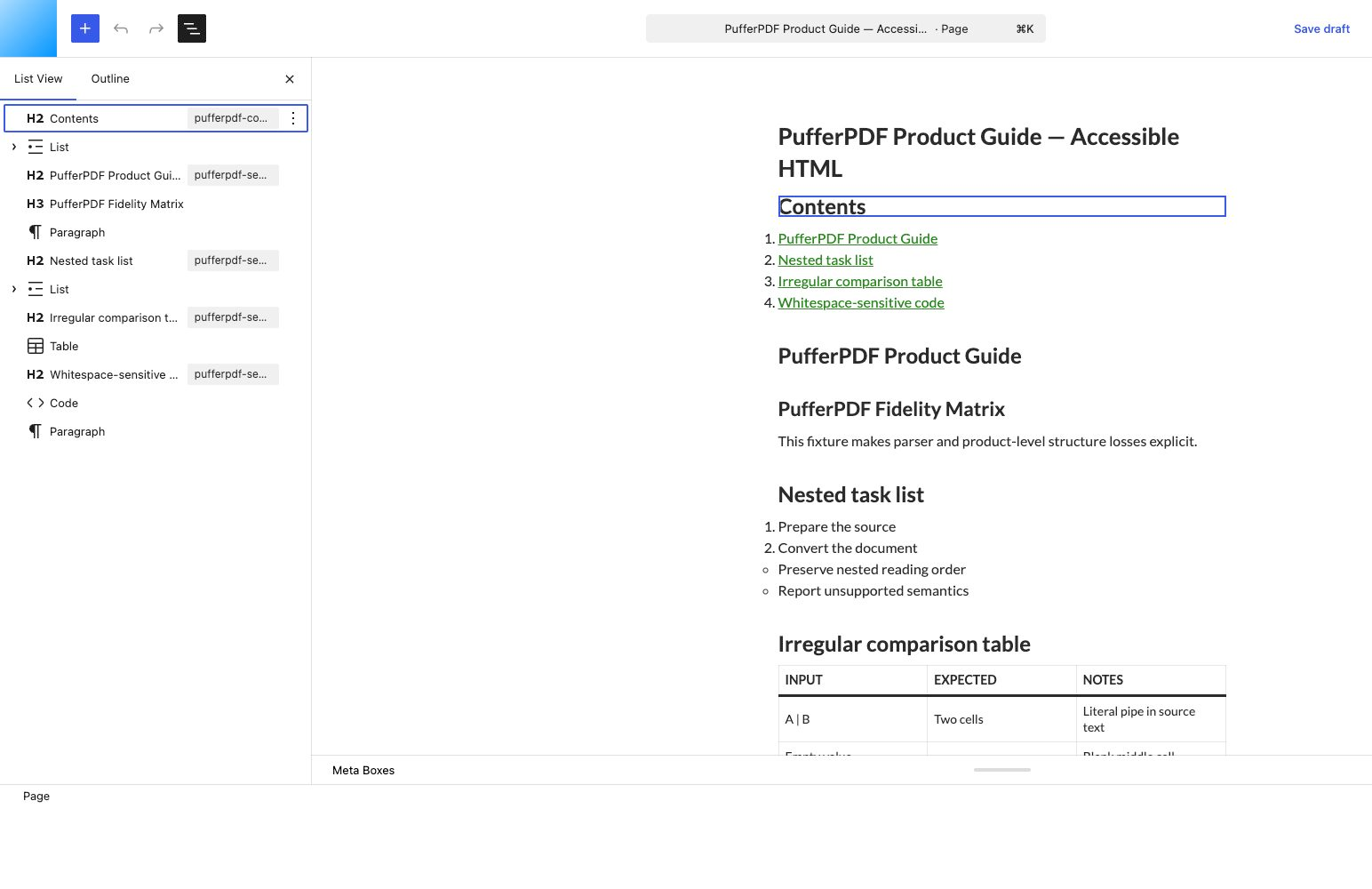 Generated PufferPDF document open as editable native blocks in the WordPress editor