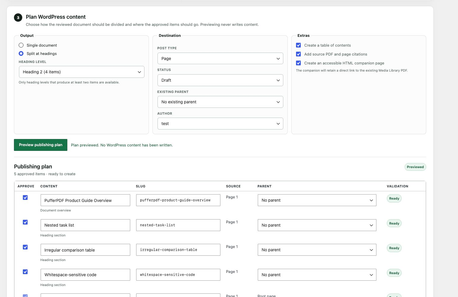 PufferPDF publishing plan with heading split, draft destination, citations, and companion options